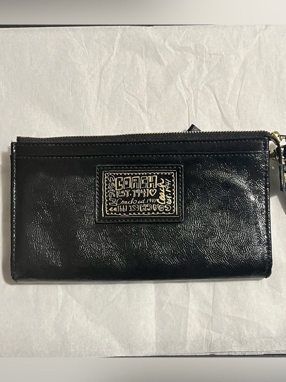 Coach Black Patent Leather Wristlet with Gold Plaque Accent